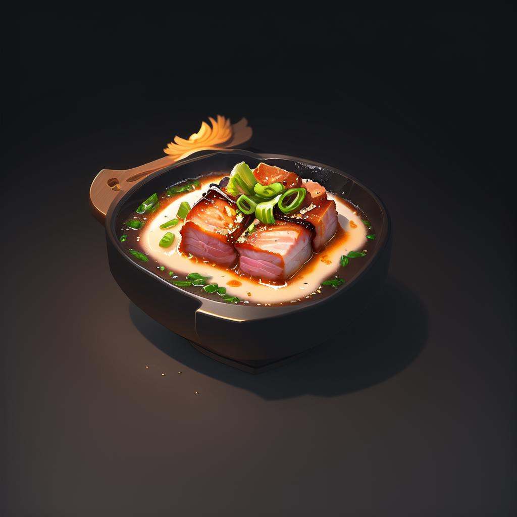food, game icon institute, game icon,black background,simple background,<lora:icon food-000038jiu:0.6>,A delicious braised pork belly cube icon in Chinese cuisine style, rendered in vibrant game art.