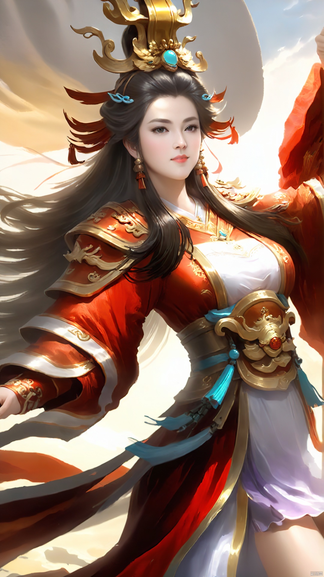 (Chinese Ancient Military Female Commander) game cg (Ultra-realistic thick brushstrokes: 1.5) Close-up of a round-faced he...