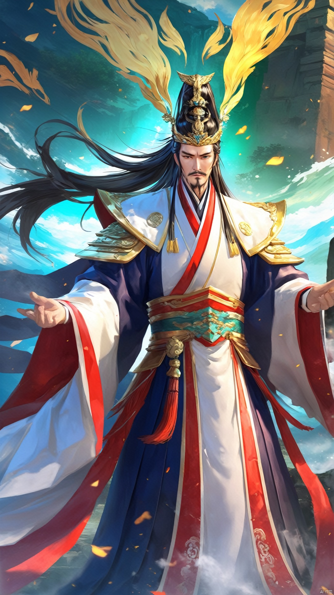 (Ancient military commander) game cg (surreal thick strokes: 1.5) (multi-angle view) Zhuge Liang's face is slender and shi...