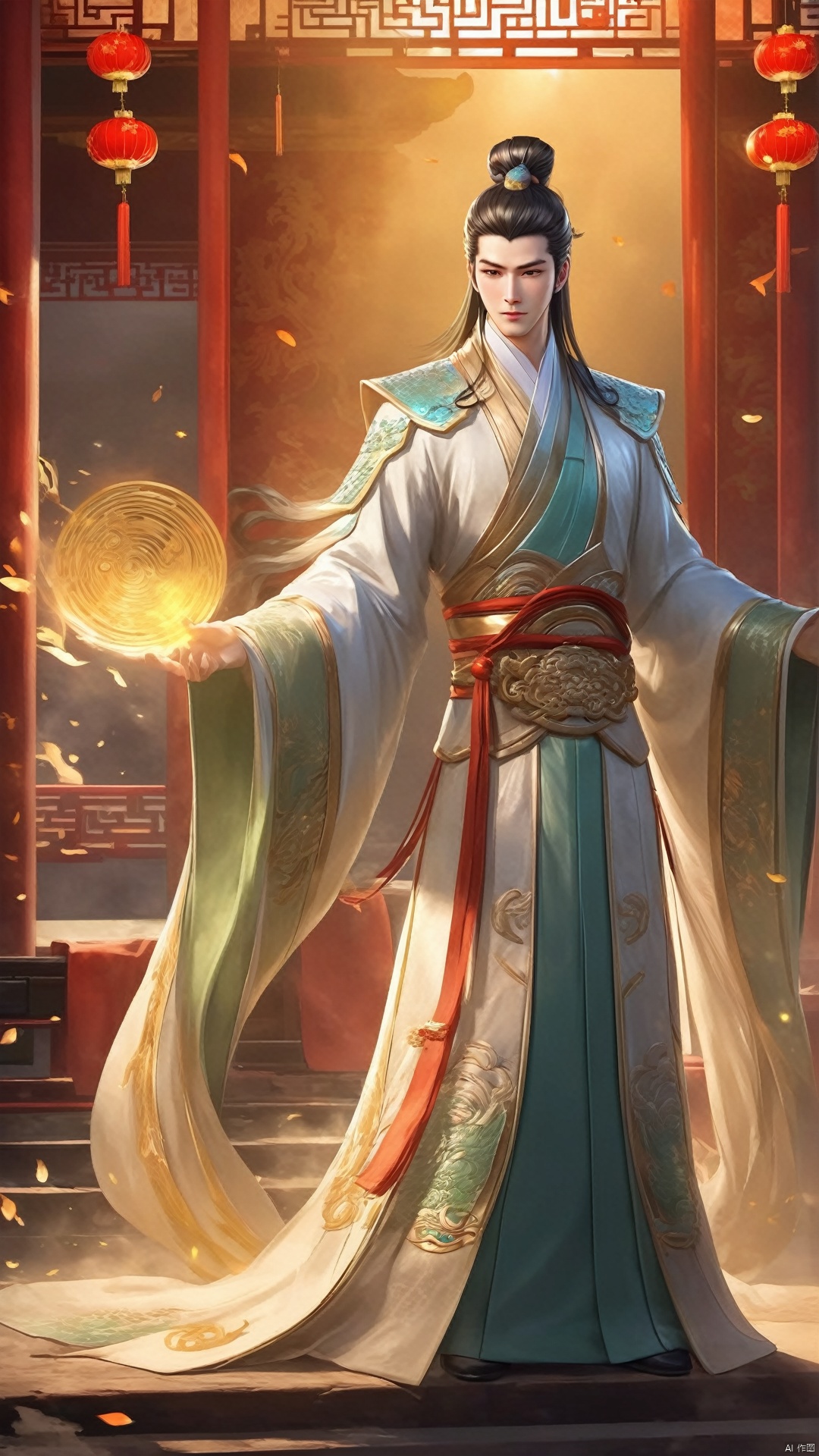 (Chinese ancient young man) game cg,  full body,  shining with wisdom on Tensor.Art