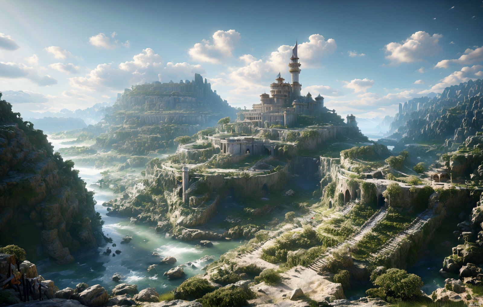 The surrounding decor contains green plants, a triforce symbol, Dungeons and Dragons references and the lookout post, detailed matte painting,fantastic and intricate details, fantasy concept art, 8k resolution trending on Artstation Unreal Engine, (\tong hua cheng bao\), RPG,castle, medieval