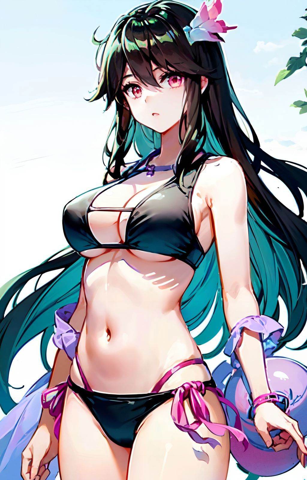 <lora:yaoyao:1>, 1girl, solo, black hair, long hair, bangs, pink eyes, large breasts, (( bikini top only, sleeveless, side-tie bikini bottom,  )), hair ornament, standing, facing viewer, hand on hip, 