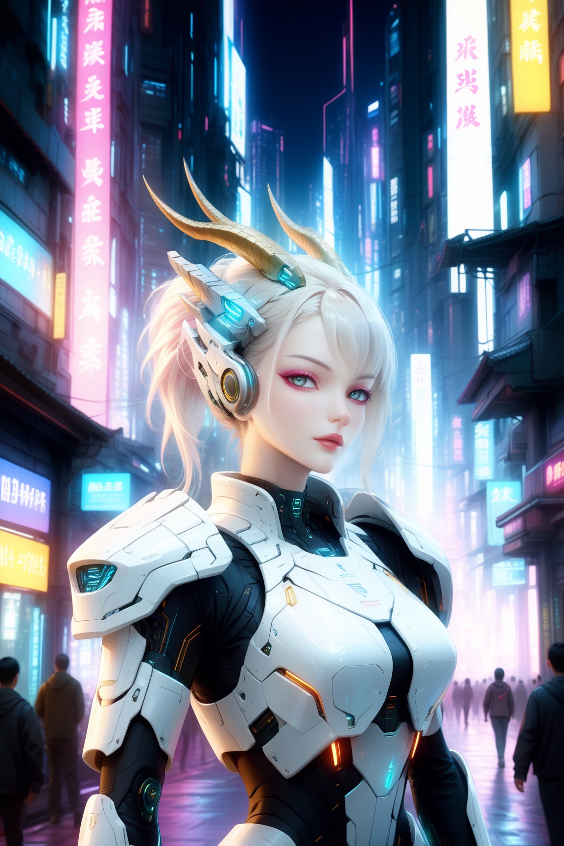 Cyberpunk Mech Girl with Caucasian features,  wearing armor with shoulder pads shaped as dragon heads,  white skin on Tens...