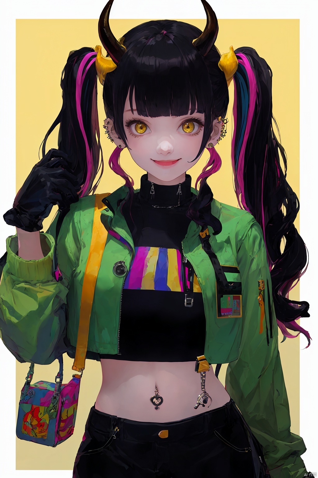 1girl, solo, long hair, looking at viewer, smile, bangs, black hair, hair ornament, gloves, long sleeves, navel, twintails, jewelry, jacket, yellow eyes, multicolored hair, earrings, horns, black gloves, midriff, blunt bangs, bag, open jacket, crop top, black shirt, piercing, ear piercing, zipper, cropped jacket, green jacket,kp