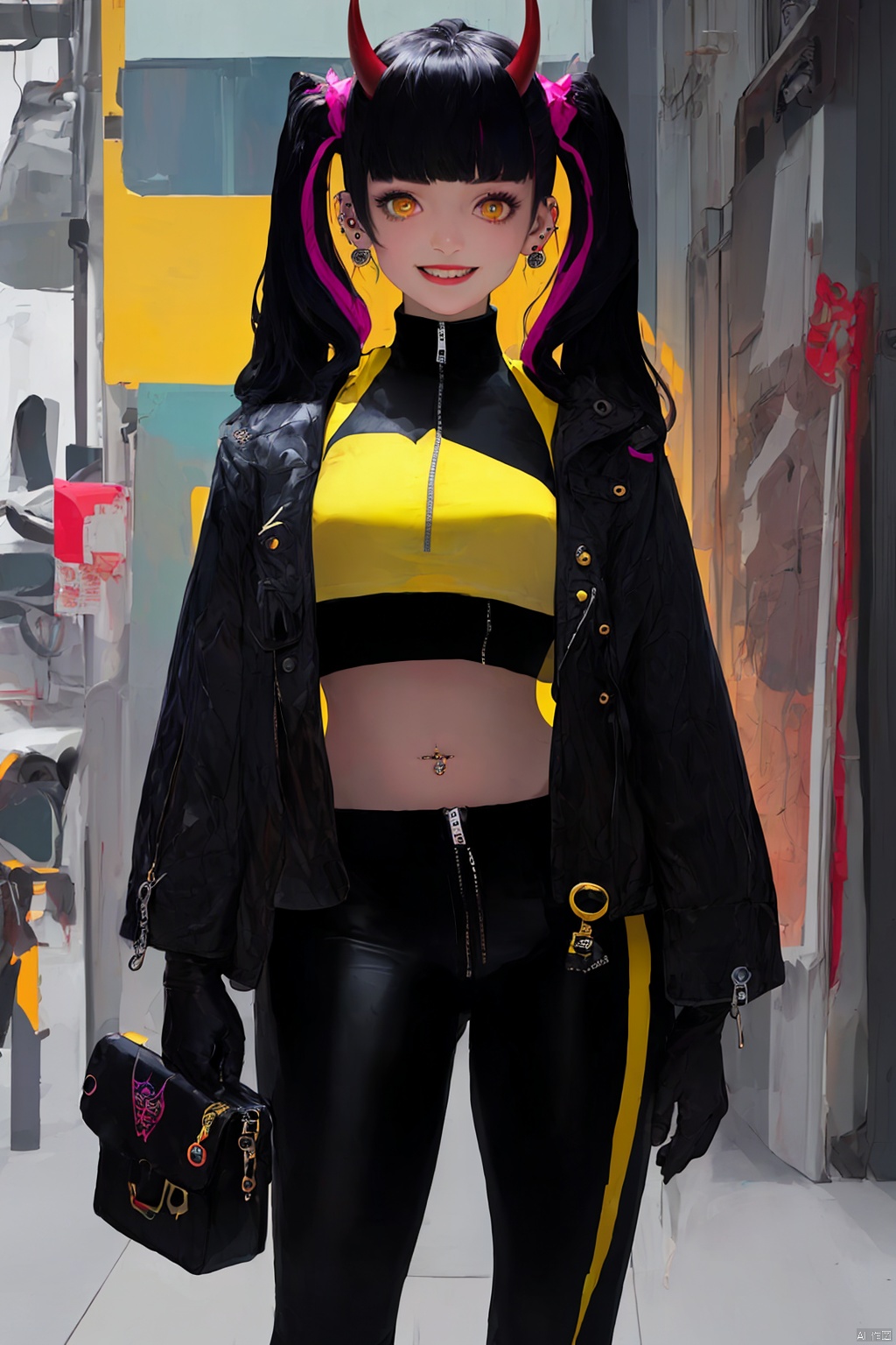 1girl, solo, long hair, looking at viewer, smile, bangs, black hair, hair ornament, gloves, long sleeves, navel, twintails, jewelry, jacket, yellow eyes, multicolored hair, earrings, horns, black gloves, midriff, blunt bangs, bag, open jacket, crop top, black shirt, piercing, ear piercing, zipper, cropped jacket, green jacket,kp