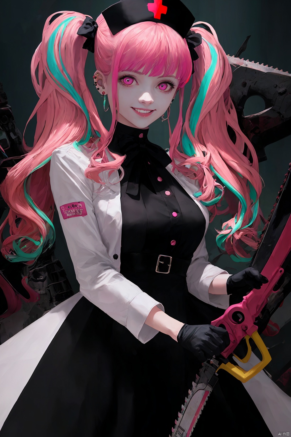 1girl, solo, long hair, looking at viewer, smile, bangs, shirt, black hair, gloves, long sleeves, dress, bow, holding, twintails, jewelry, white shirt, weapon, pink hair, hair bow, multicolored hair, earrings, black gloves, fingerless gloves, pink eyes, holding weapon, black dress, streaked hair, mouth hold, piercing, ear piercing, nurse cap, chainsaw,kp