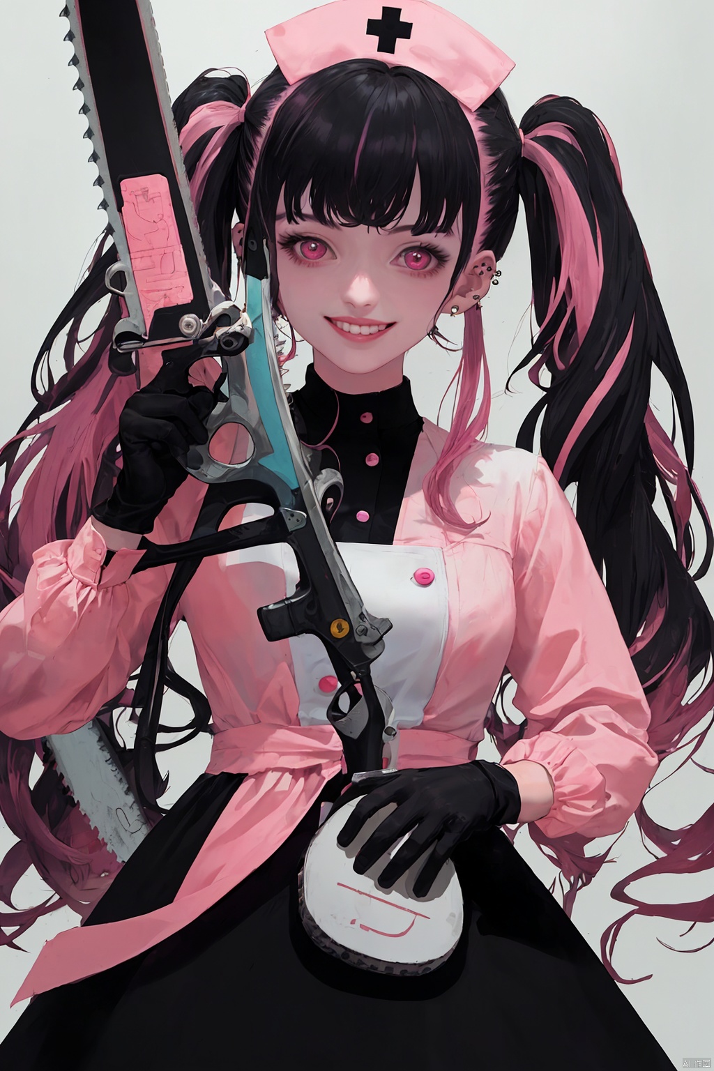 1girl, solo, long hair, looking at viewer, smile, bangs, shirt, black hair, gloves, long sleeves, dress, bow, holding, twintails, jewelry, white shirt, weapon, pink hair, hair bow, multicolored hair, earrings, black gloves, fingerless gloves, pink eyes, holding weapon, black dress, streaked hair, mouth hold, piercing, ear piercing, nurse cap, chainsaw,kp