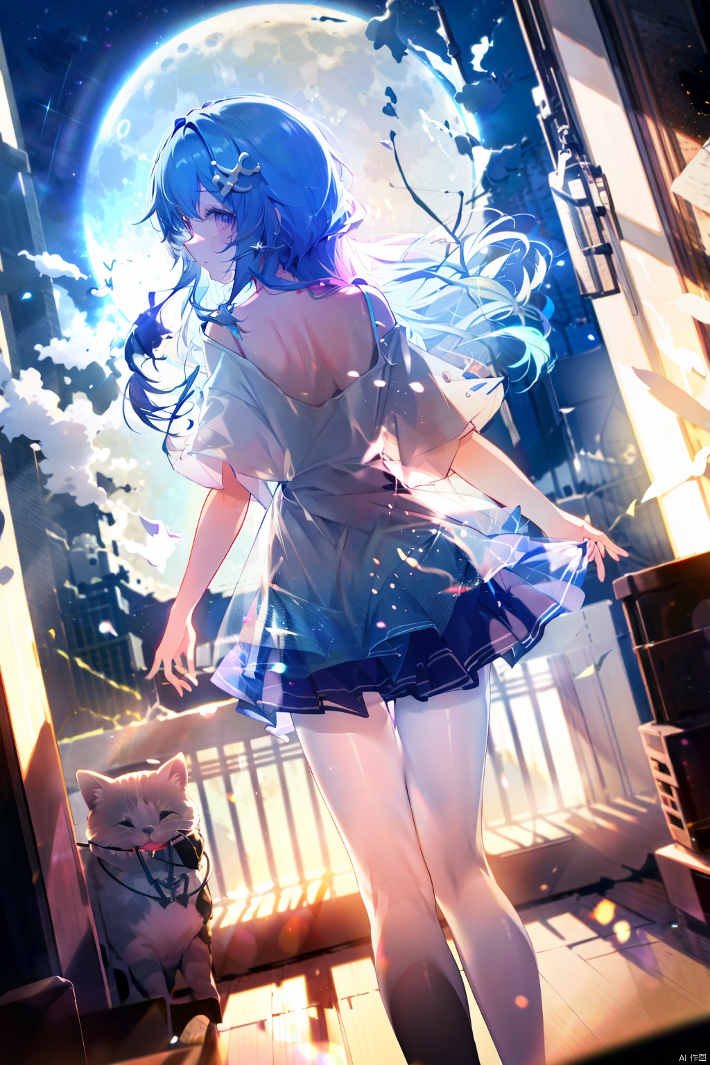  (best quality), (masterpiece), sense of space,backlighting,depth of field,1girl, dark blue hair, long hair, straight hair, moon cat, moon hair ornament, pink clothes, mature, beautiful, white pantyhose,