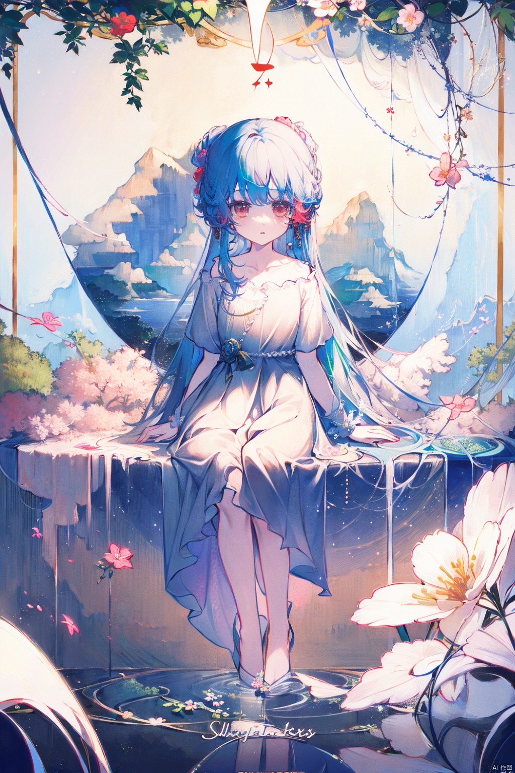  tongxin, best quality, masterpiece, illustration, (reflection light), incredibly absurdres, (Movie Poster), (signature:1.3), (English text:1.3), 1girl, girl middle of flower, pure skyblue hair, red eyes, clear sky, outside, collarbone, loli, sitting, absurdly long hair, clear boundaries of the cloth, white dress, fantastic scenery, ground of flowers, thousand of flowers, colorful flowers, flowers around her, various flowers,