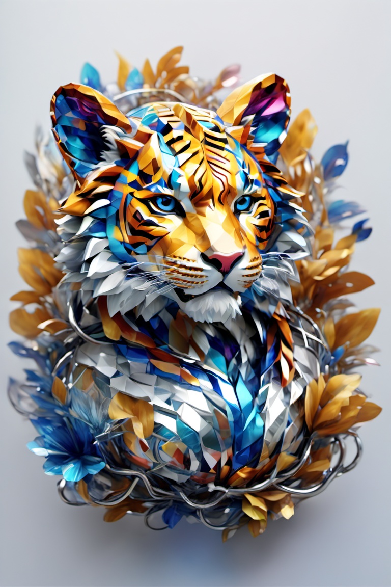 Produce a mascot in the form of a mythical Tiger,  with a body composed of polished chrome and circuits,  decorated with a...