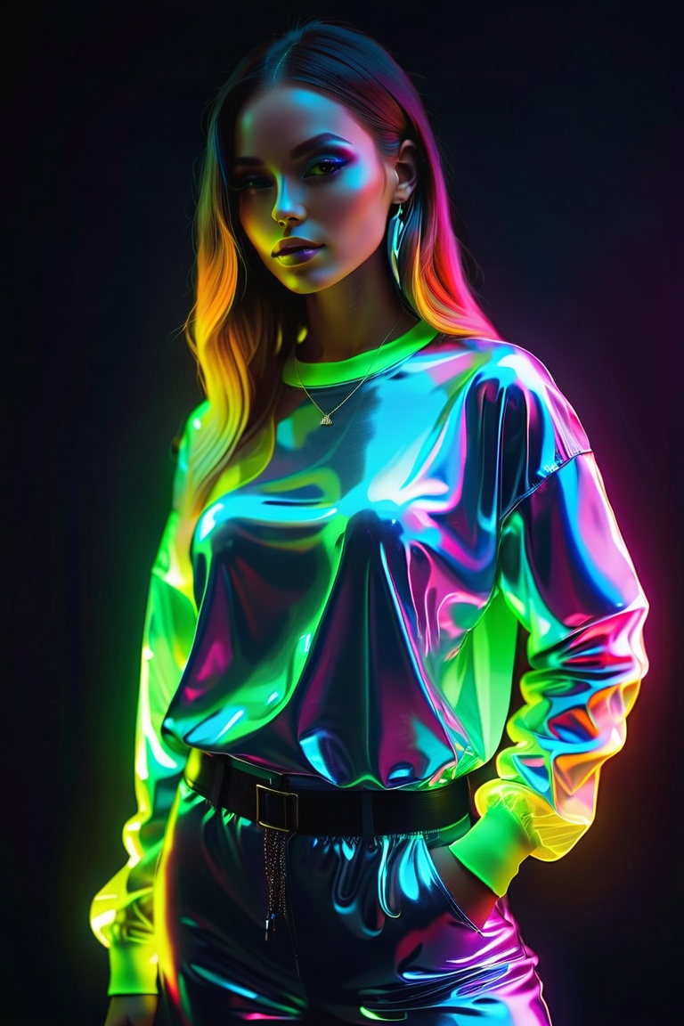 A beautiful hip-hop girl wearing Luminescent Clothing-in-the-dark shirt,  LuminescentCL,  glass shiny style on Tensor.Art