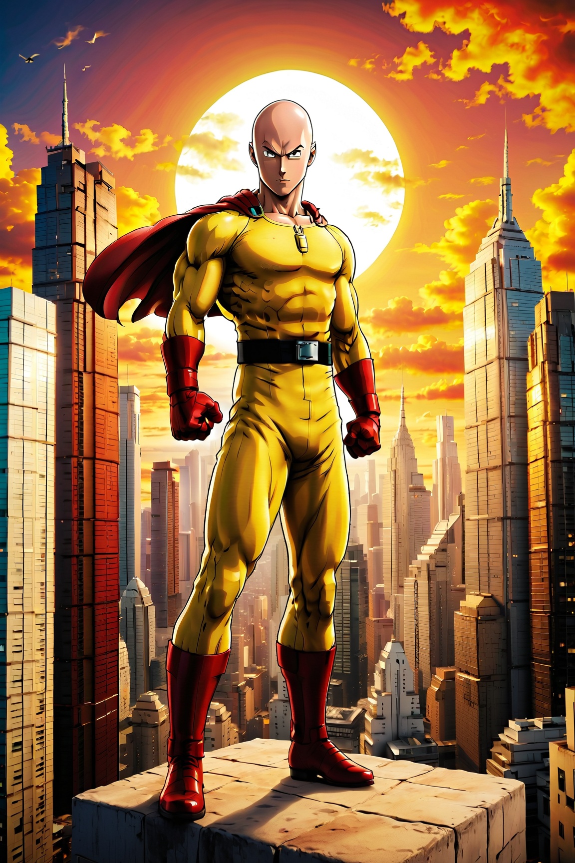 Create an image of Saitama from One punch man anime series posing to punch with all his strength with a background of skys...