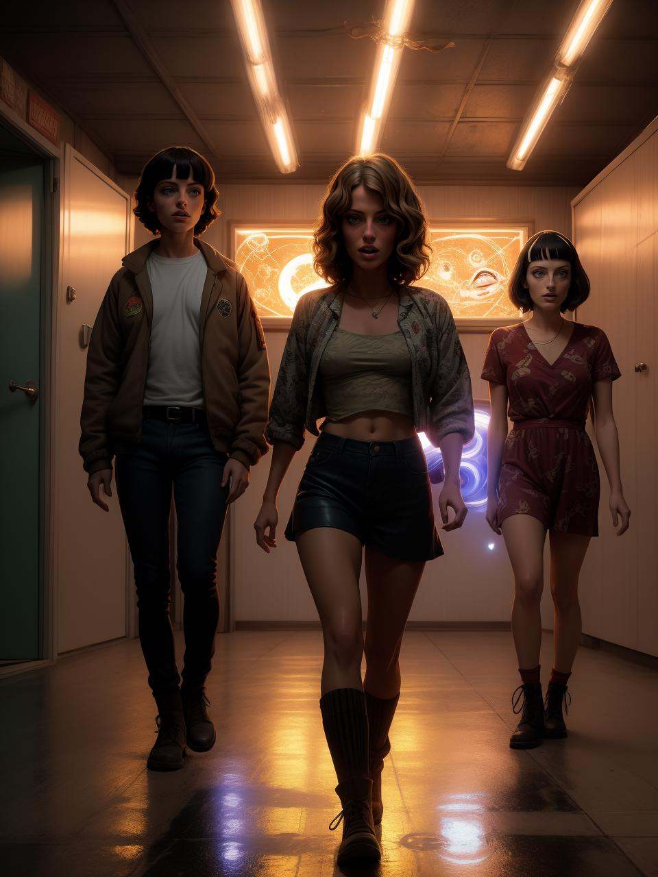 [Aly Michalka|Farrah Fawcett] battling the hypnotoad,  Stranger Things Style,  by H. R. Giger on Tensor.Art