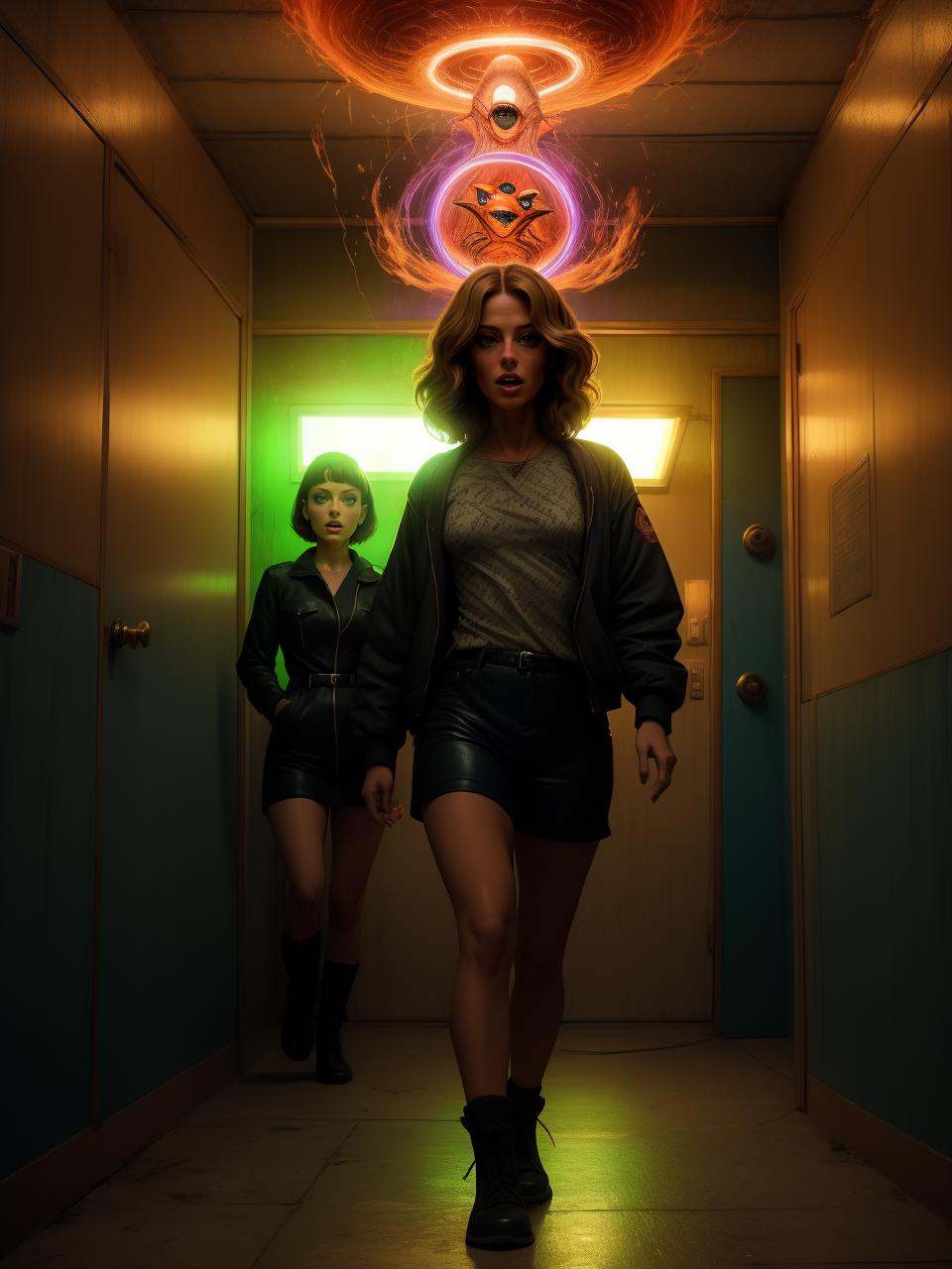 [Aly Michalka|Farrah Fawcett] battling the hypnotoad,  Stranger Things Style,  by H. R. Giger on Tensor.Art