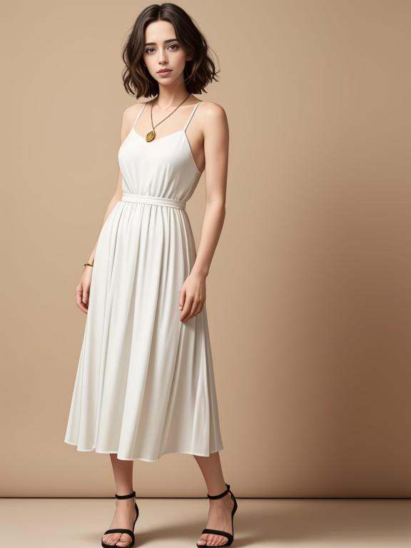 [Rebecca Hall|Kelli Maroney],  midi dress,  gold chain necklace on Tensor.Art