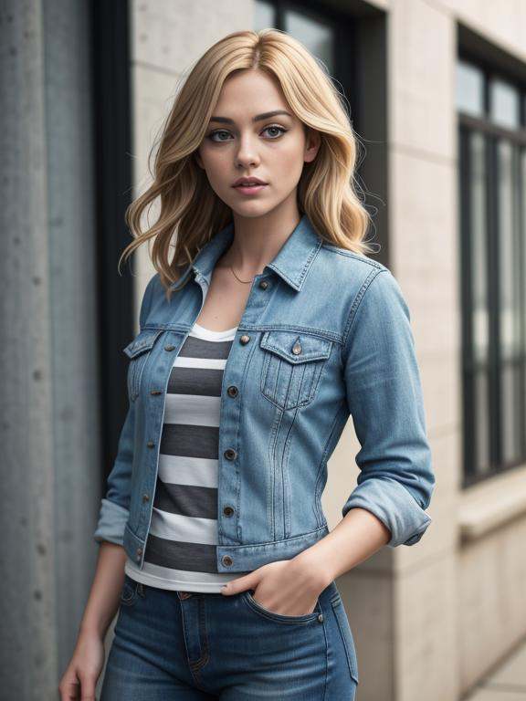 [Olivia Taylor Dudley|Adrianne Palicki],  denim jacket,  striped shirt on Tensor.Art