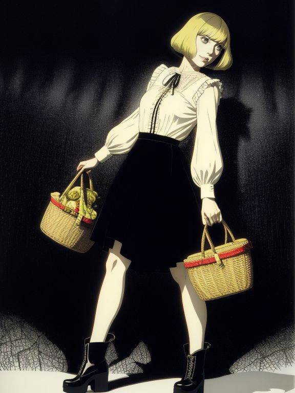 Juliet Landau,  peasant blouse with a full midi skirt,  a pair of heeled clogs or lace-up boots on Tensor.Art