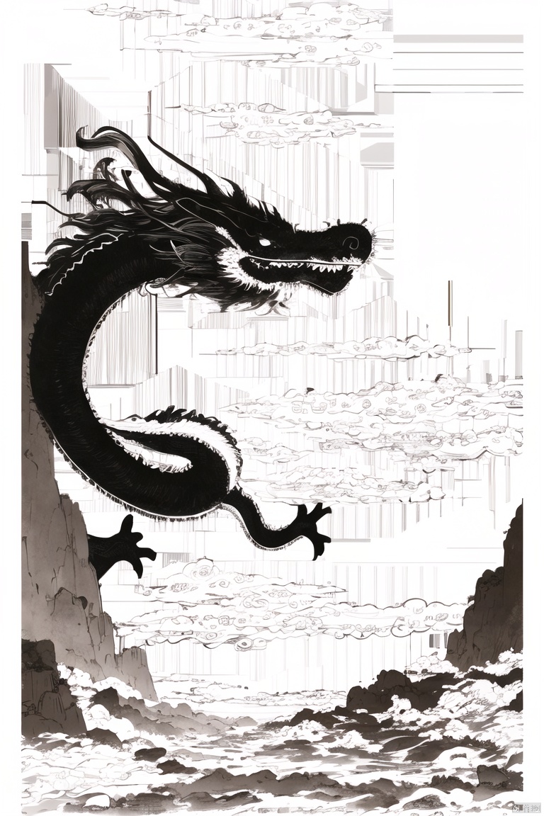  Ink and wash, Paws, Mountains, Dragon Girl, Monochrome, Chinese Dragon