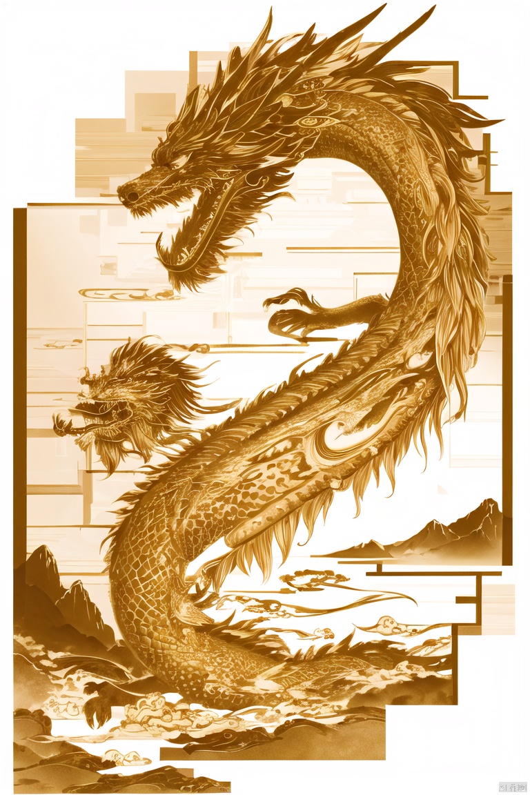  Ink and wash, Paws, Mountains, Dragon Girl, Monochrome, gold Chinese Dragon