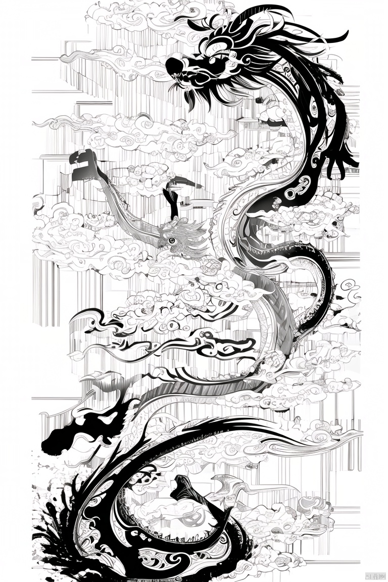  gold chinese dragon, ink mountain, monochrome grayscale, horns, claws, no humans, fire, clouds, oriental dragon
