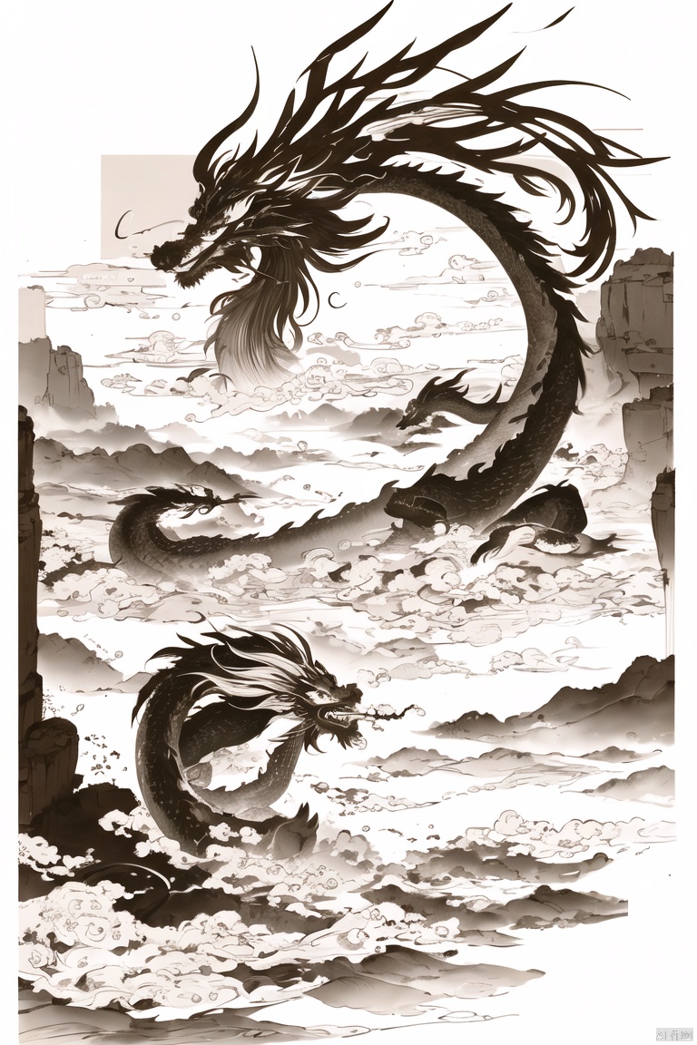  Ink and wash, Paws, Mountains, Dragon Girl, Monochrome, Chinese Dragon
