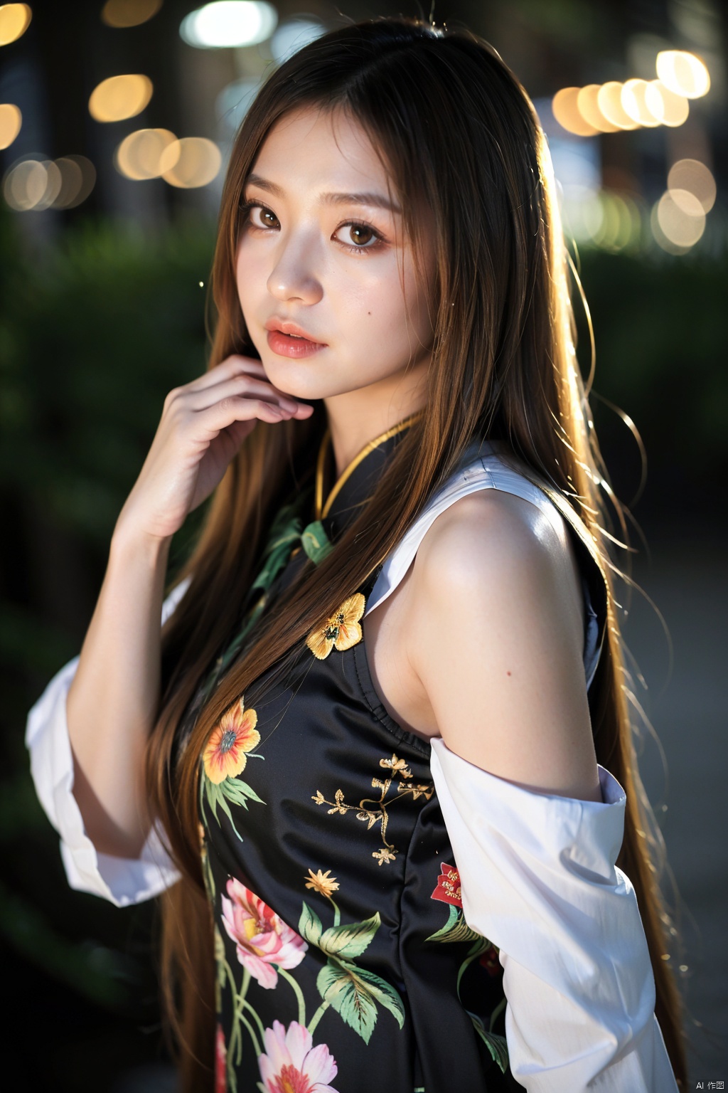 (masterpiece,best quality:1.5), ultra realistic,1girl, long hair, straight hair, portrait, mysterious forest, firefly, bokeh, mysterious, night, sky, cloud,cheongsam