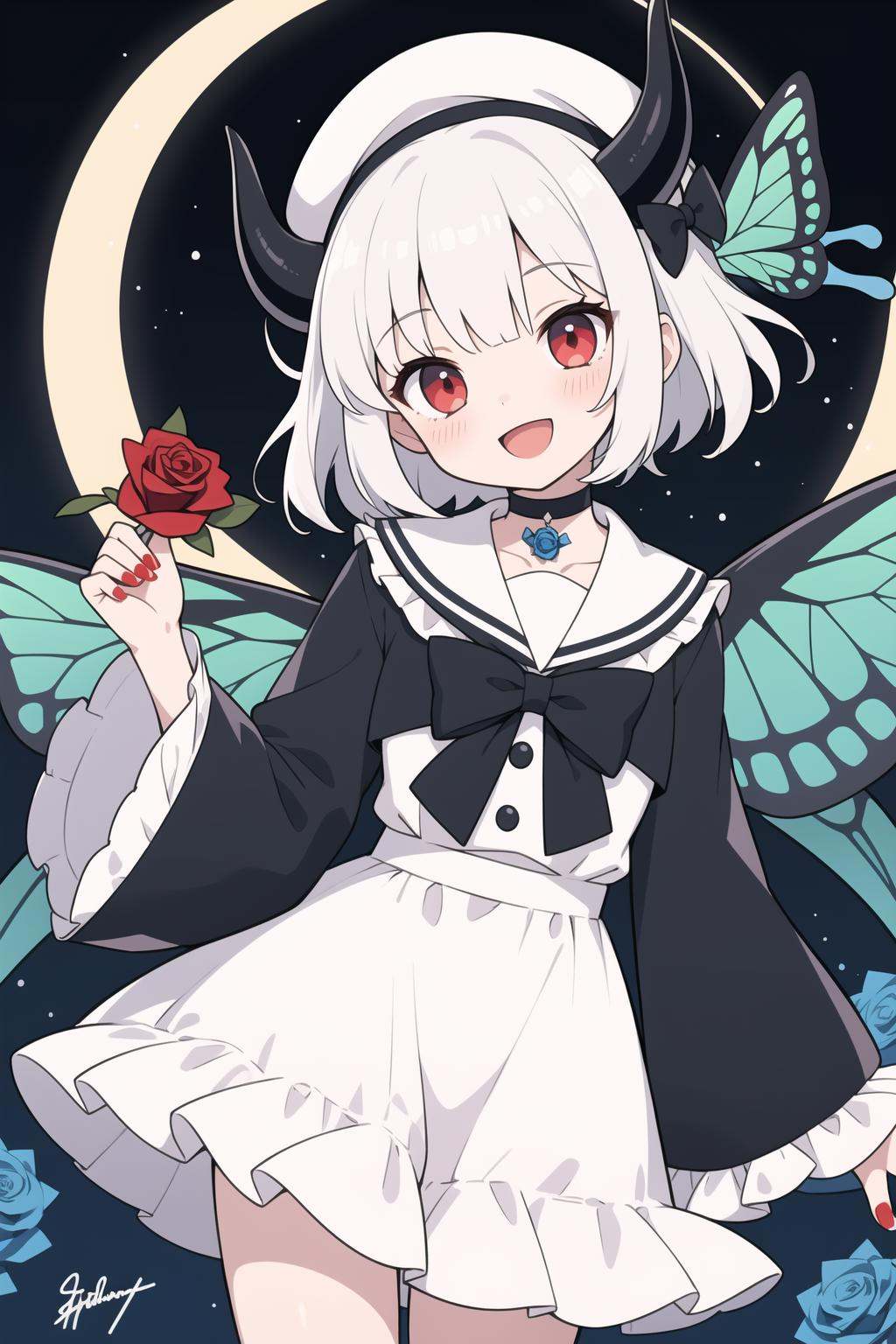 1girl, solo, bug, red eyes, butterfly, hat, blue flower, flower, holding flower, hat bow, rose, wings, smile, blue rose, bow, holding, horns, long sleeves, blood, moon, black bow, looking at viewer, white hair, short hair, choker, frills, white headwear, sailor collar, cowboy shot, signature, wide sleeves, dress, artist name, :d, head tilt, frilled shirt collar, nail polish, bangs, white shirt, red nails, open mouth