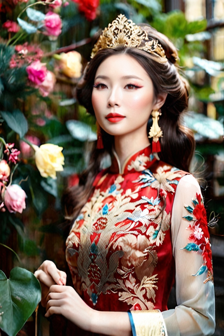 Masterpiece image of a beautiful vietnamese girl in red ao dai,  flower and phoenix pattern,  chestnut brown hair that cas...