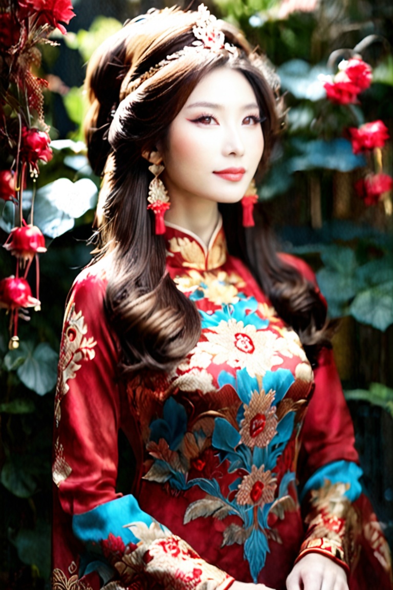 Masterpiece image of a beautiful vietnamese girl in red ao dai,  flower and phoenix pattern,  chestnut brown hair that cas...