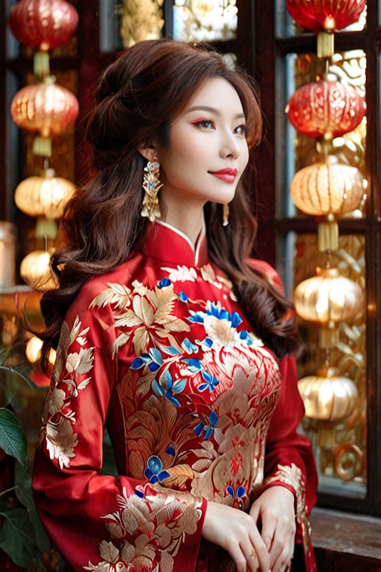 Masterpiece image of a beautiful vietnamese girl in red ao dai,  flower and phoenix pattern,  chestnut brown hair that cas...