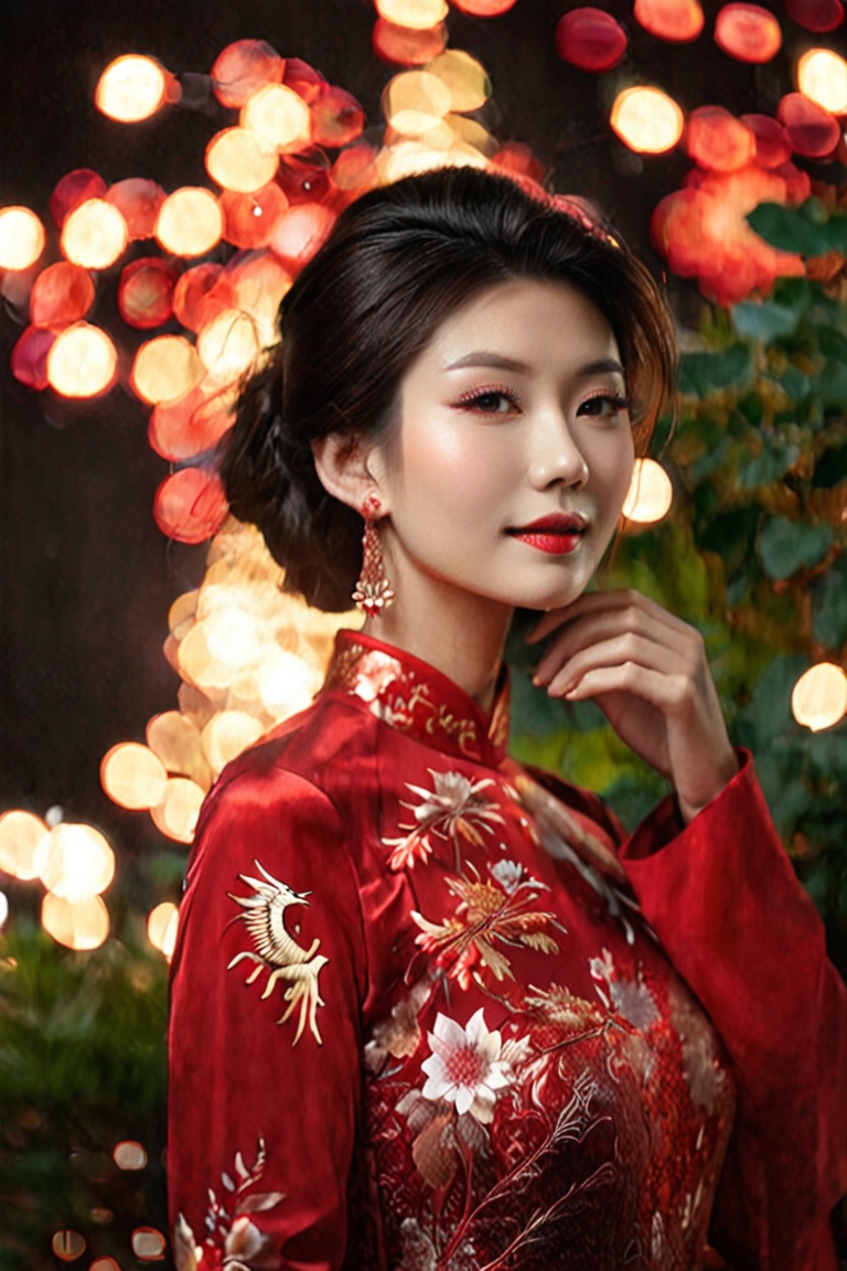 Masterpiece image of a beautiful vietnamese girl in red ao dai,  flower and phoenix patter,  with short shoulder-length ha...