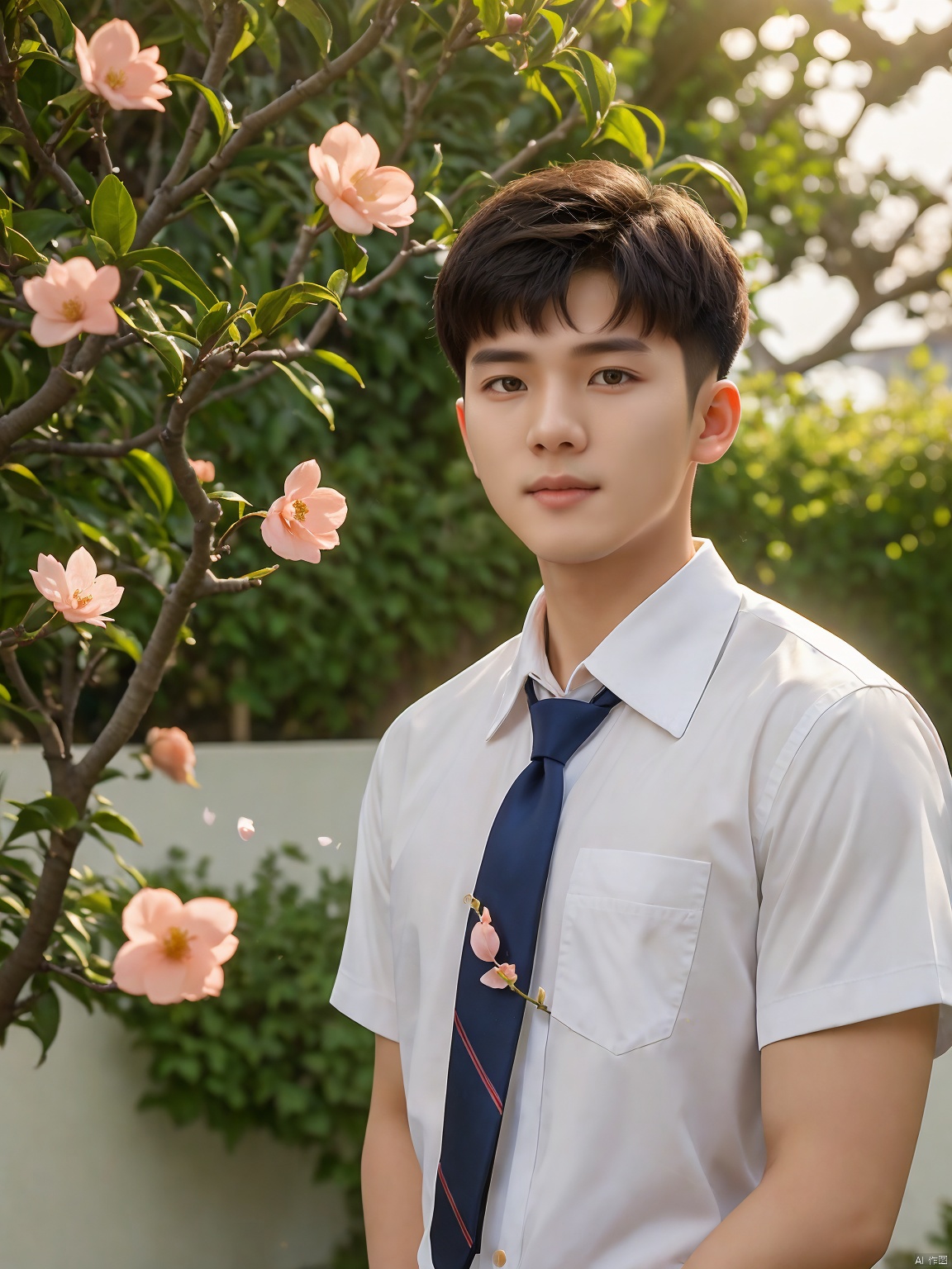 masterpiece,1 boy,Young,Lovely,Handsome,Look at me,Short hair,Tea hair,Students,School uniform,White shirt,Tie,Outdoor,Garden,Peach tree,Flying petals,Light and shadow,HDR,Close-up,textured skin,super detail,best quality,solo,,