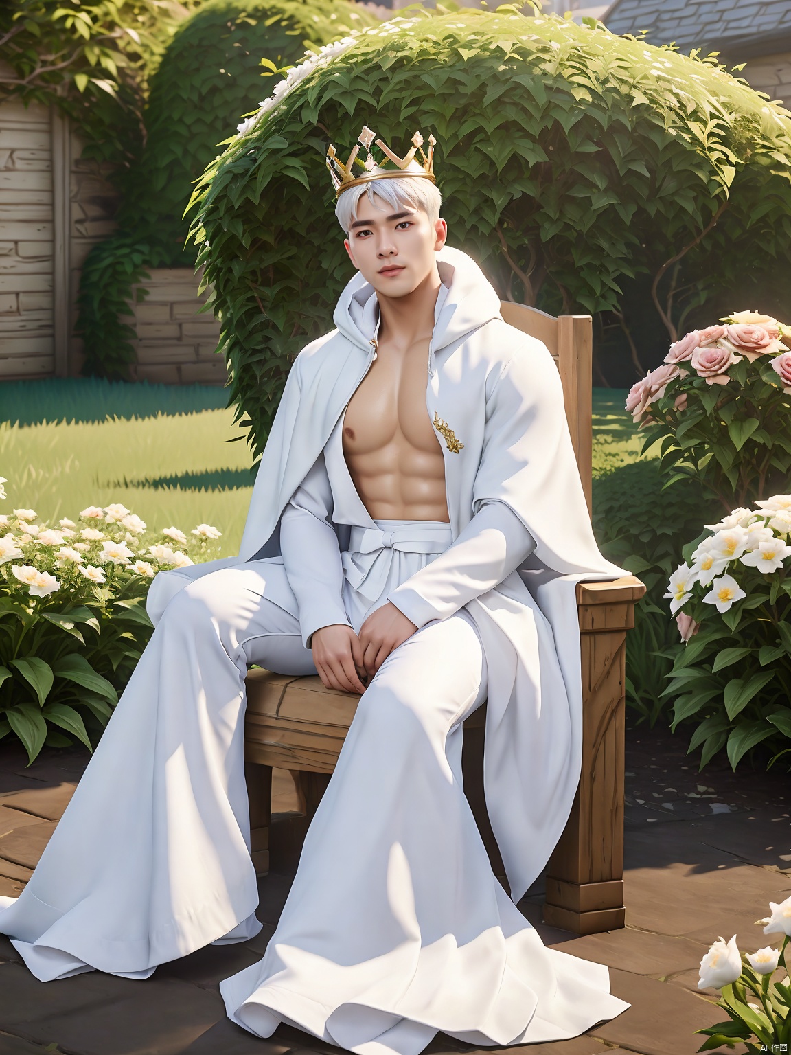  masterpiece,Fortnite,1 boy,Look at me,Handsome,White hair,Muscular development,A gorgeous white cloak,Sitting on the throne,outside,Garden,Flower field,Wear a crown,Natural light,UHD,high details,best quality,