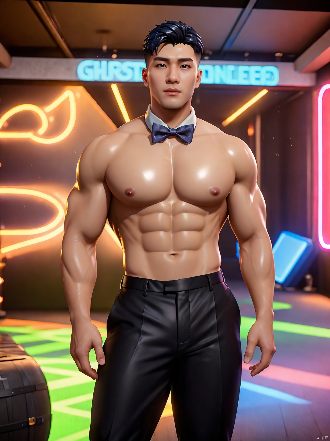  masterpiece, 1 Man, Look at me, Handsome, Indoor, Nightclub, Neon light, Light and shadow, Greasy and shiny skin, Black trousers, Bow tie, Muscle, Topless, Fortnite, textured skin, super detail, best quality
