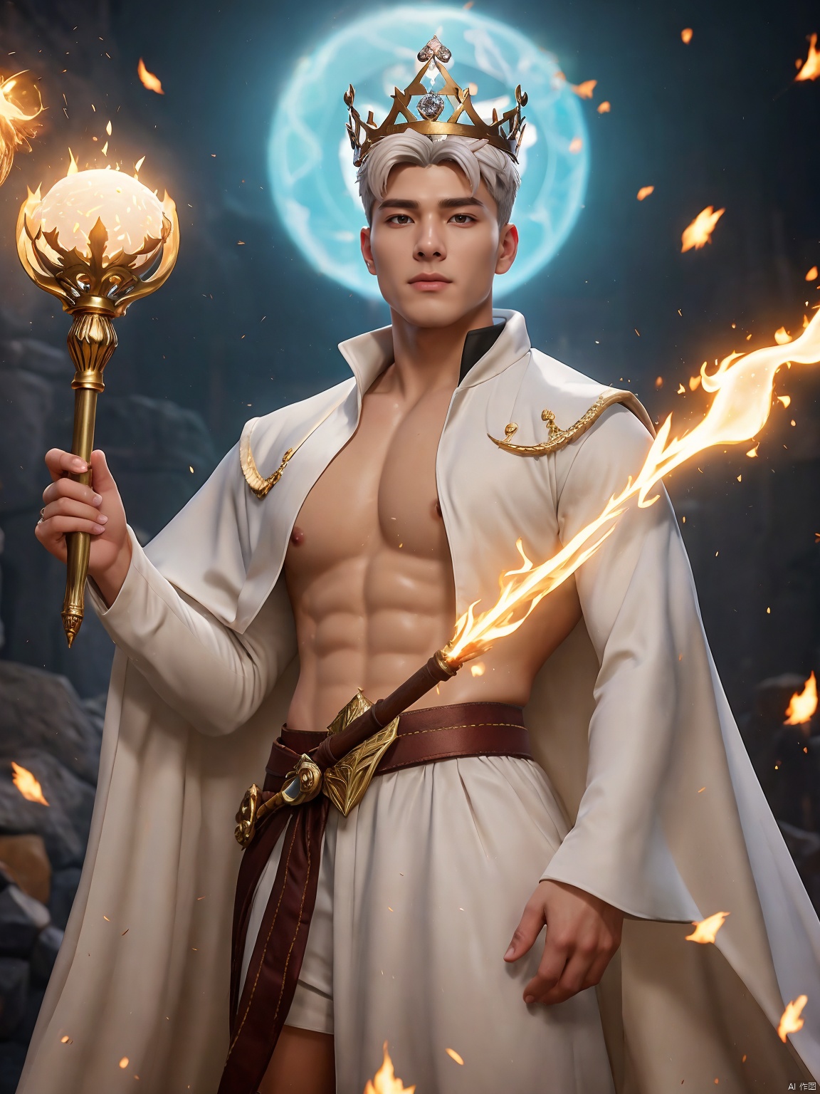 masterpiece,Fortnite,1 boy,Look at me,Handsome,White hair,Muscular development,A gorgeous white cloak,Stand,Hold the scepter in hand,A huge diamond,Wear a crown,Use dark magic.,There's a giant magic circle behind it.,Parting art,A fantastic scene,Special effects of flame particles,UHD,super detail,best quality,