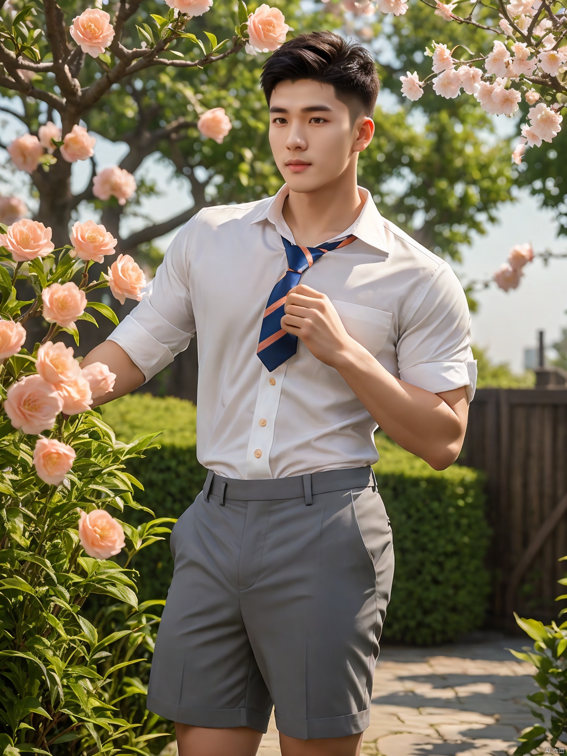  masterpiece,1 boy,Young,Handsome,Look at me,Short hair,Tea hair,Students,White shirt,Striped tie,Gray shorts,Stand,Outdoor,Garden,Peach tree,Flying petals,Light and shadow,HDR,textured skin,super detail,best quality,