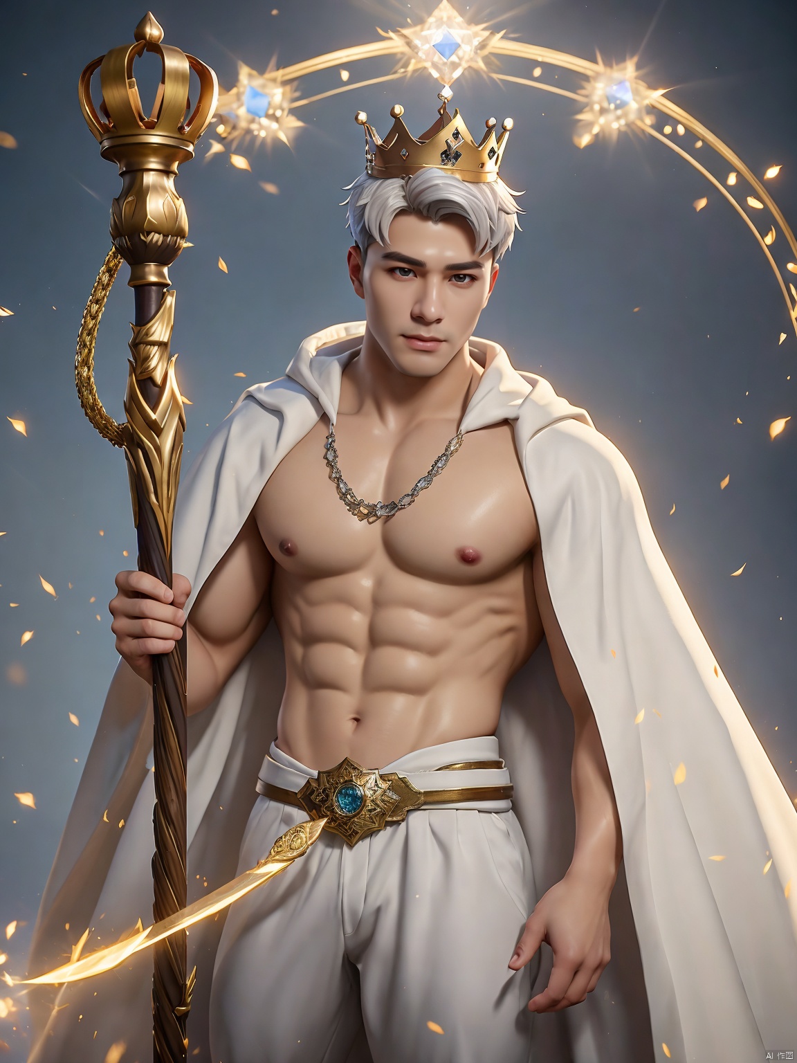masterpiece,Fortnite,1 boy,Look at me,Handsome,White hair,Muscular development,A gorgeous white cloak,Stand,Hold the scepter in hand,A huge diamond,Wear a crown,Use dark magic.,There's a giant magic circle behind it.,Parting art,UHD,super detail,best quality,
