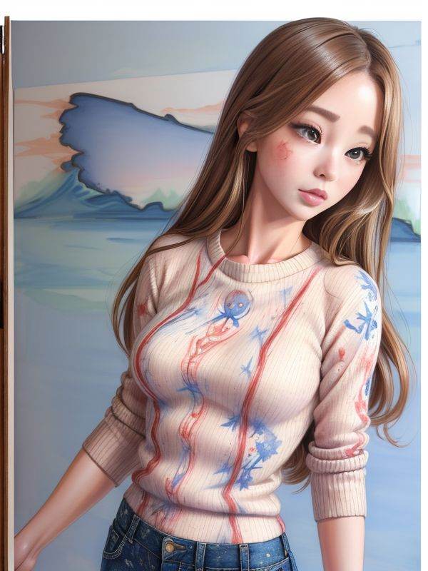 of photo RAW,  portrait,  [Aly Michalka|Farrah Fawcett] brown sweater dress on Tensor.Art