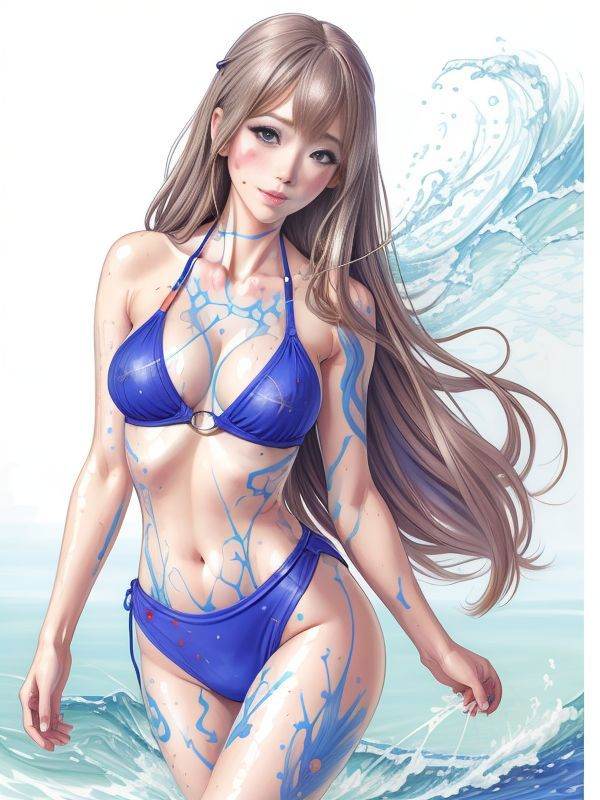 of photo RAW,  portrait,  [Aly Michalka|Farrah Fawcett] blue violet competition swimsuit on Tensor.Art
