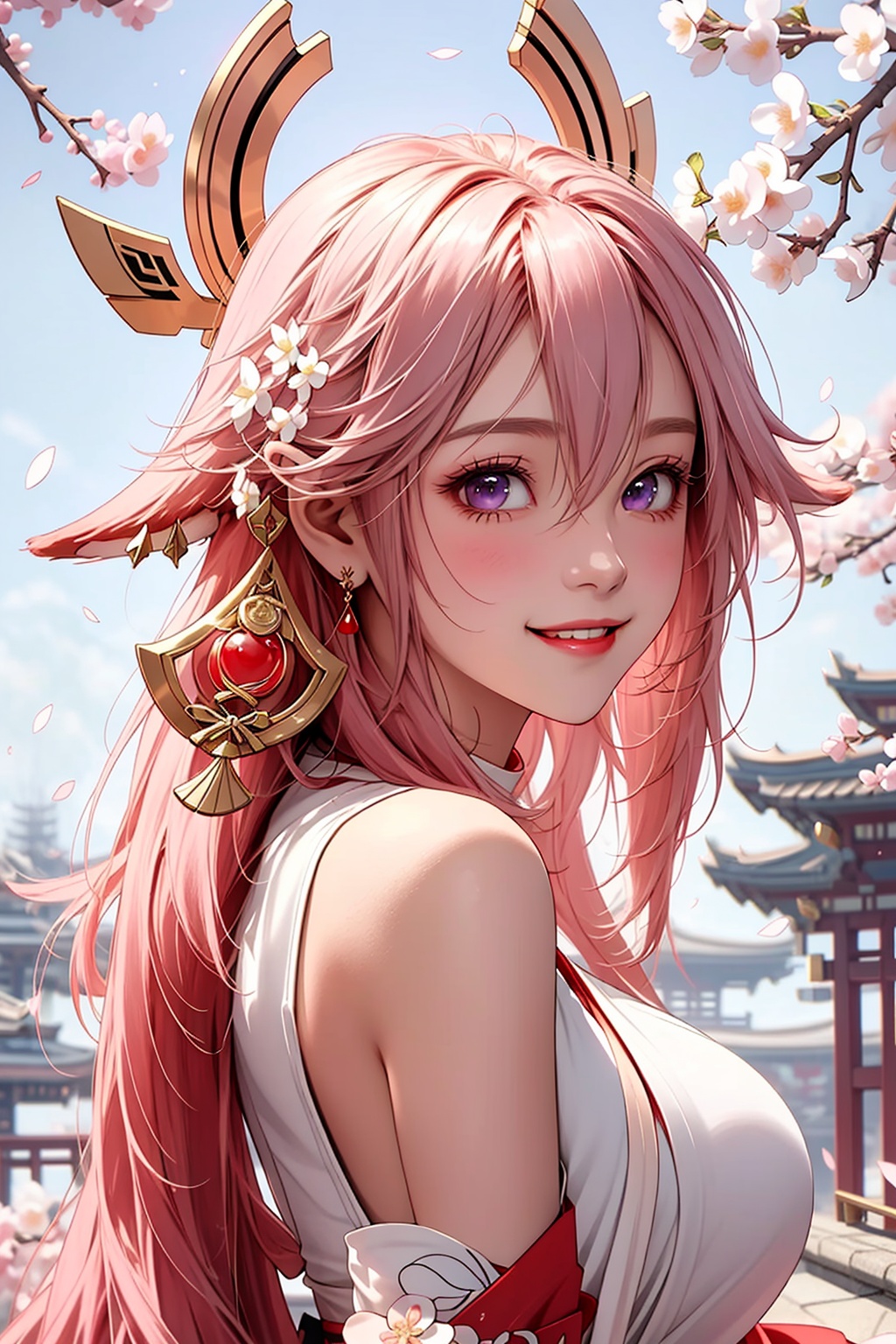 ba shen zi,1girl,solo,pink hair,purple eyes,long hair,hair ornament,animal ears,breasts,bare shoulders,blush,fox ears,jewelry,hair between eyes,bangs,upper body,smile,flower,japanese clothes,cherry blossoms,hair flower,parted lips,earrings,cheerful demeanor,radiant smile,bright personality,warm-hearted nature,optimistic outlook,vibrant energy,sun-kissed complexion,free-spirited,carefree attitude,uplifting presence,positive vibes,lively enthusiasm,beaming with happiness,natural beauty,sunshine in her eyes,infectious laughter,<lora:aki-000008:0.7>,