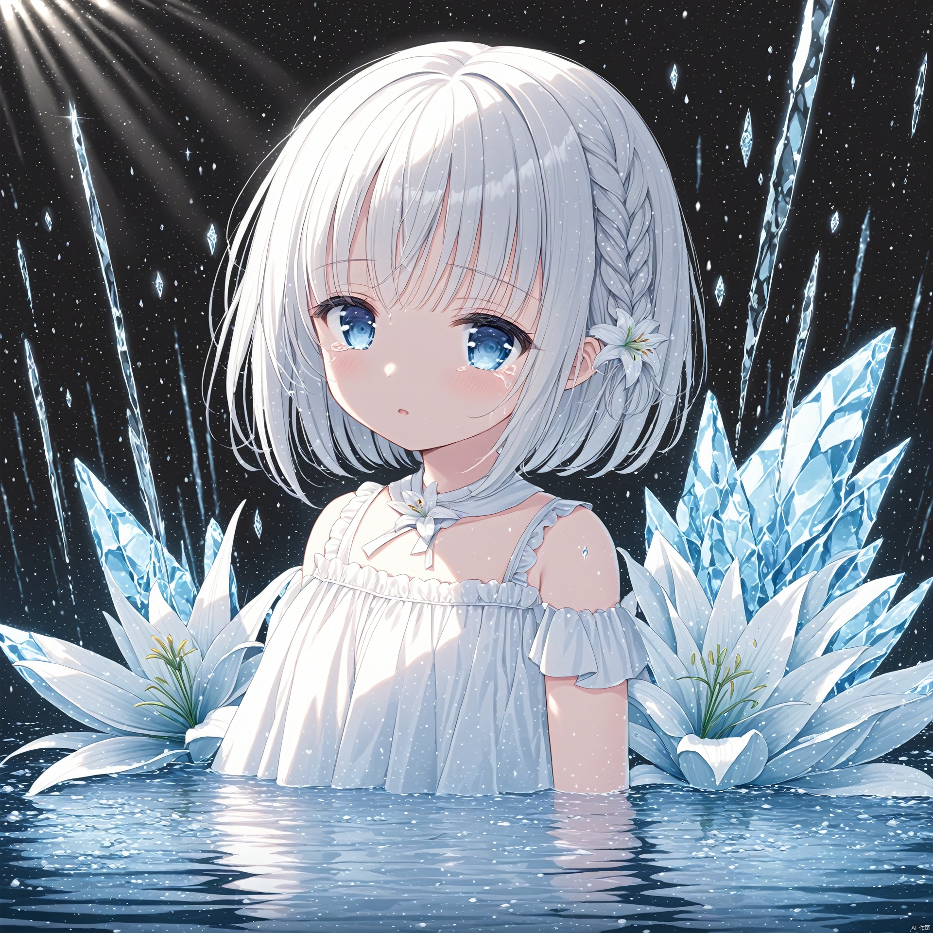  (masterpiece),(best quality),1 girl,loli,White Dress,White short hair,braids,lily flower hair clip,upper body,cry,water,black background,Ice crystal,dappled sunlight,Suspended colorless crystal,beautiful detailed glow, (detailed ice), beautiful detailed water,