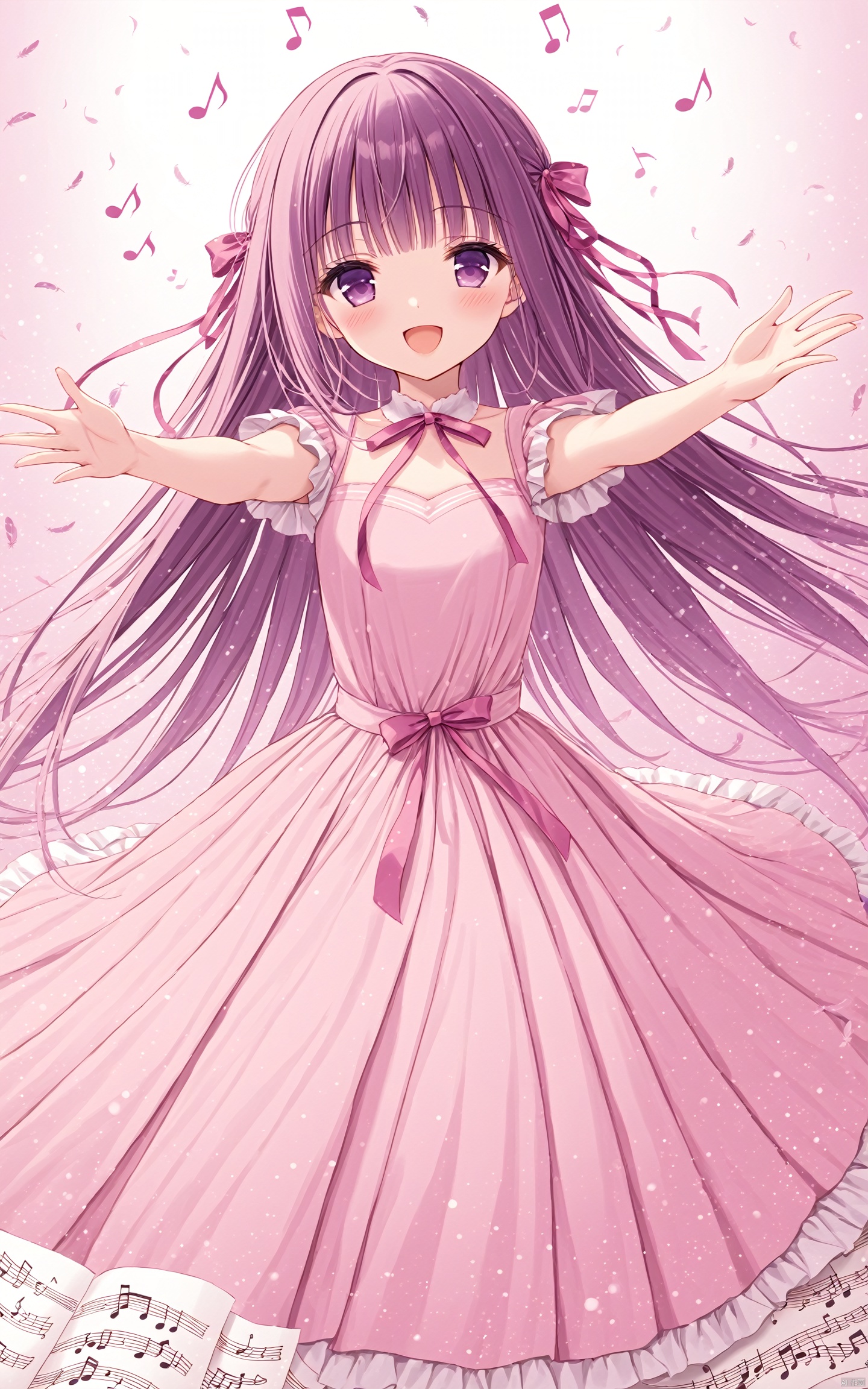  (masterpiece),(best quality),1girl, solo, long hair, open mouth, purple eyes, dress, smile, sheet music, feathers, looking at viewer, blush, :d, purple hair, bangs, ribbon, very long hair, pink dress, musical note, outstretched arms