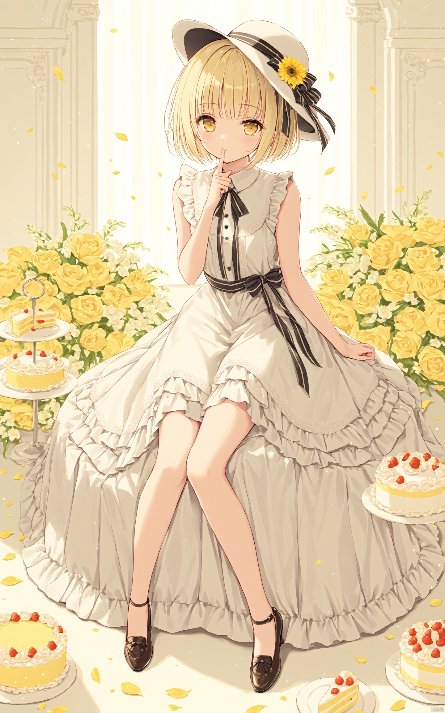  (masterpiece),(best quality),1girl, solo, dress, hat, yellow eyes, short hair, food, blonde hair, finger to mouth, flower, looking at viewer, ribbon, cake, shoes, sitting