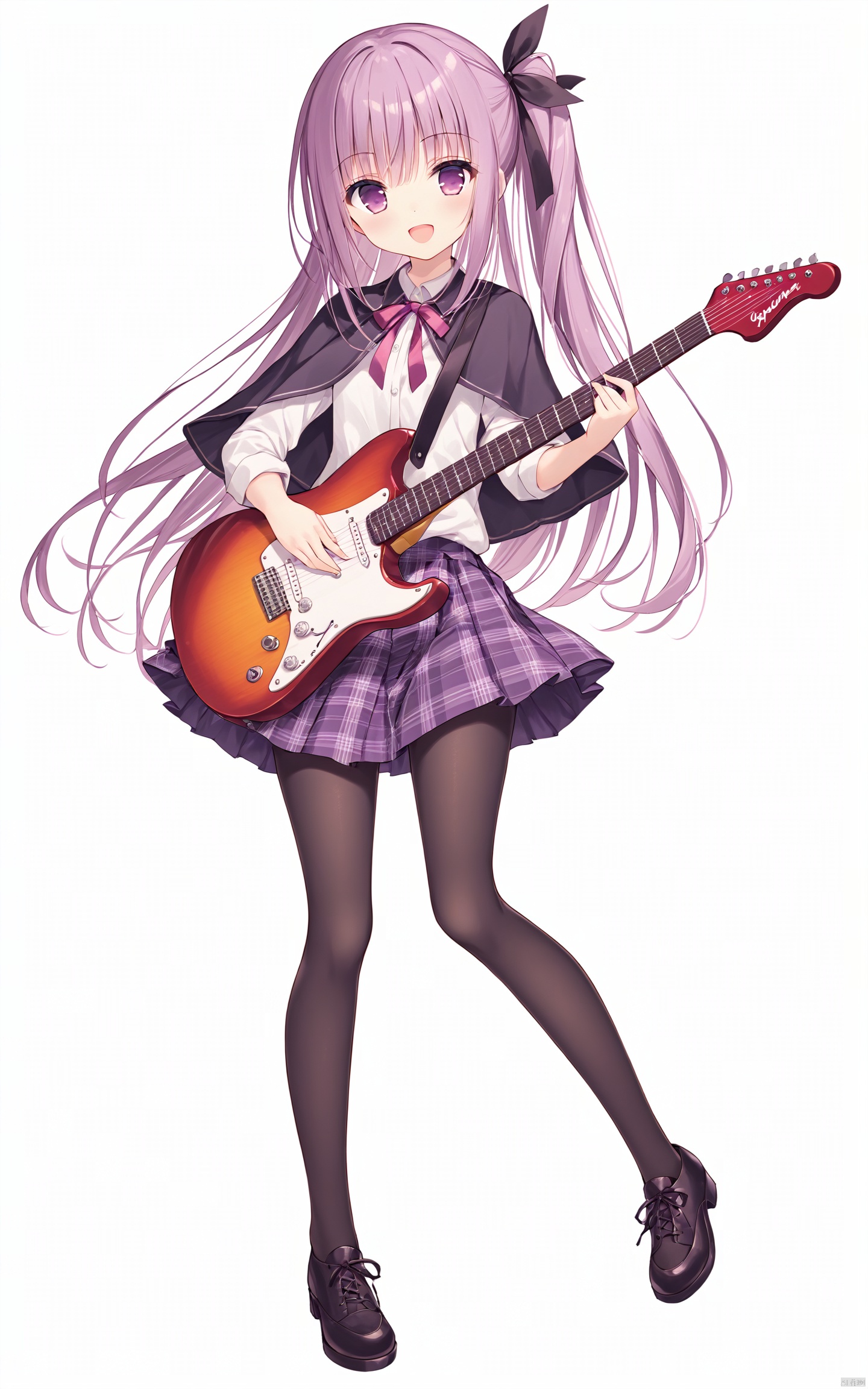  (masterpiece),(best quality),1girl, solo, instrument, guitar, pantyhose, long hair, purple eyes, skirt, open mouth, electric guitar, ribbon, black pantyhose, smile, full body, white background, purple hair, hair ribbon, simple background, capelet, shirt, plaid skirt, looking at viewer, side ponytail, shoes, :d, white shirt, knees together feet apart, very long hair, one side up, plaid