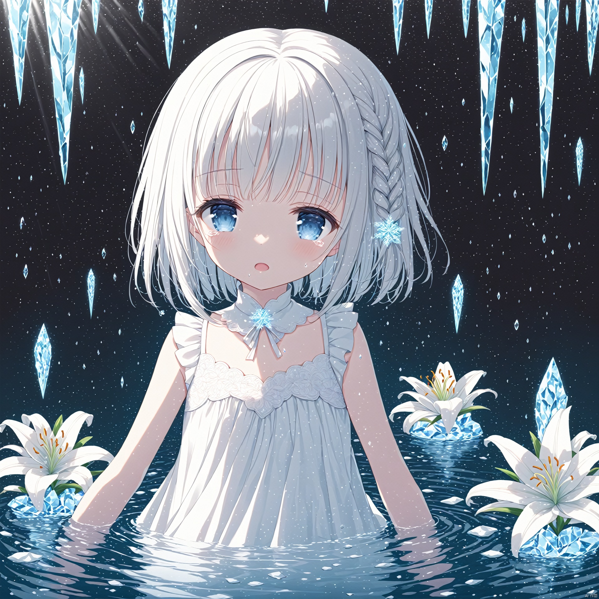  (masterpiece),(best quality),1 girl,loli,White Dress,White short hair,braids,lily flower hair clip,upper body,cry,water,black background,Ice crystal,dappled sunlight,Suspended colorless crystal,beautiful detailed glow, (detailed ice), beautiful detailed water,