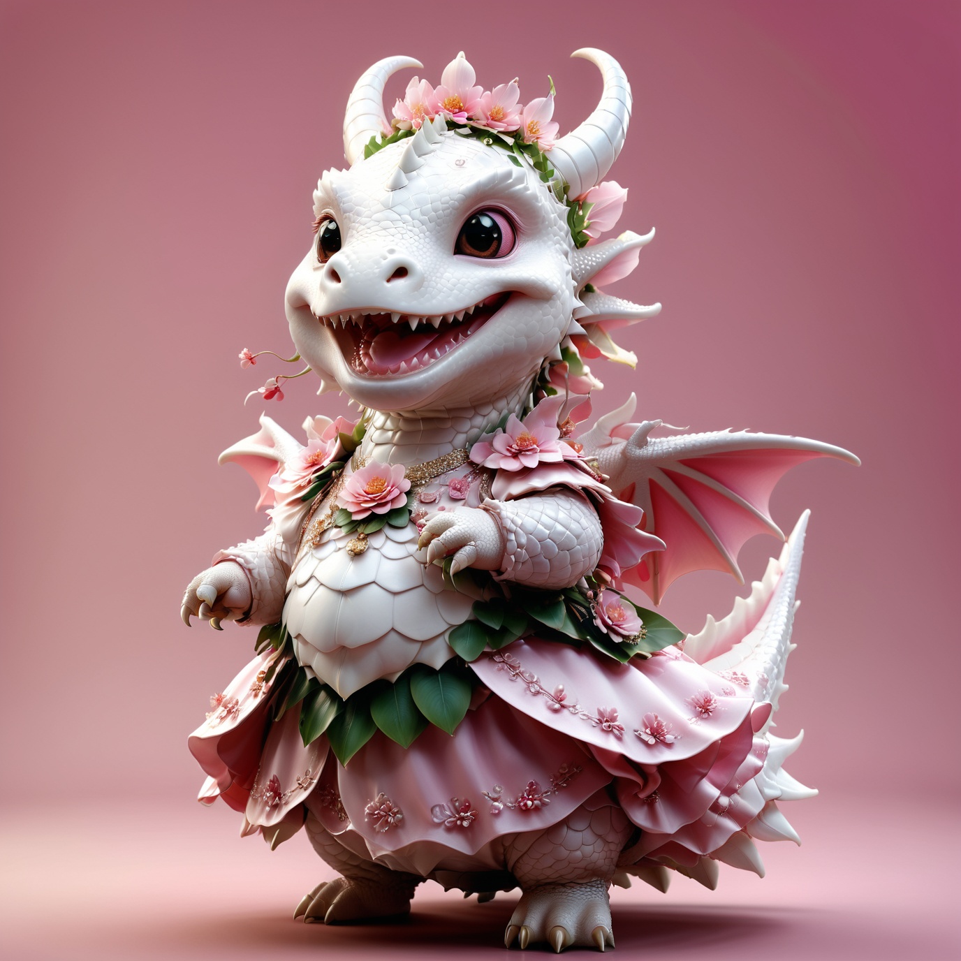 photorealistic portrait of Dressed animals - a fat baby white dragon maid,  (dancing pose),  high quality on Tensor.Art