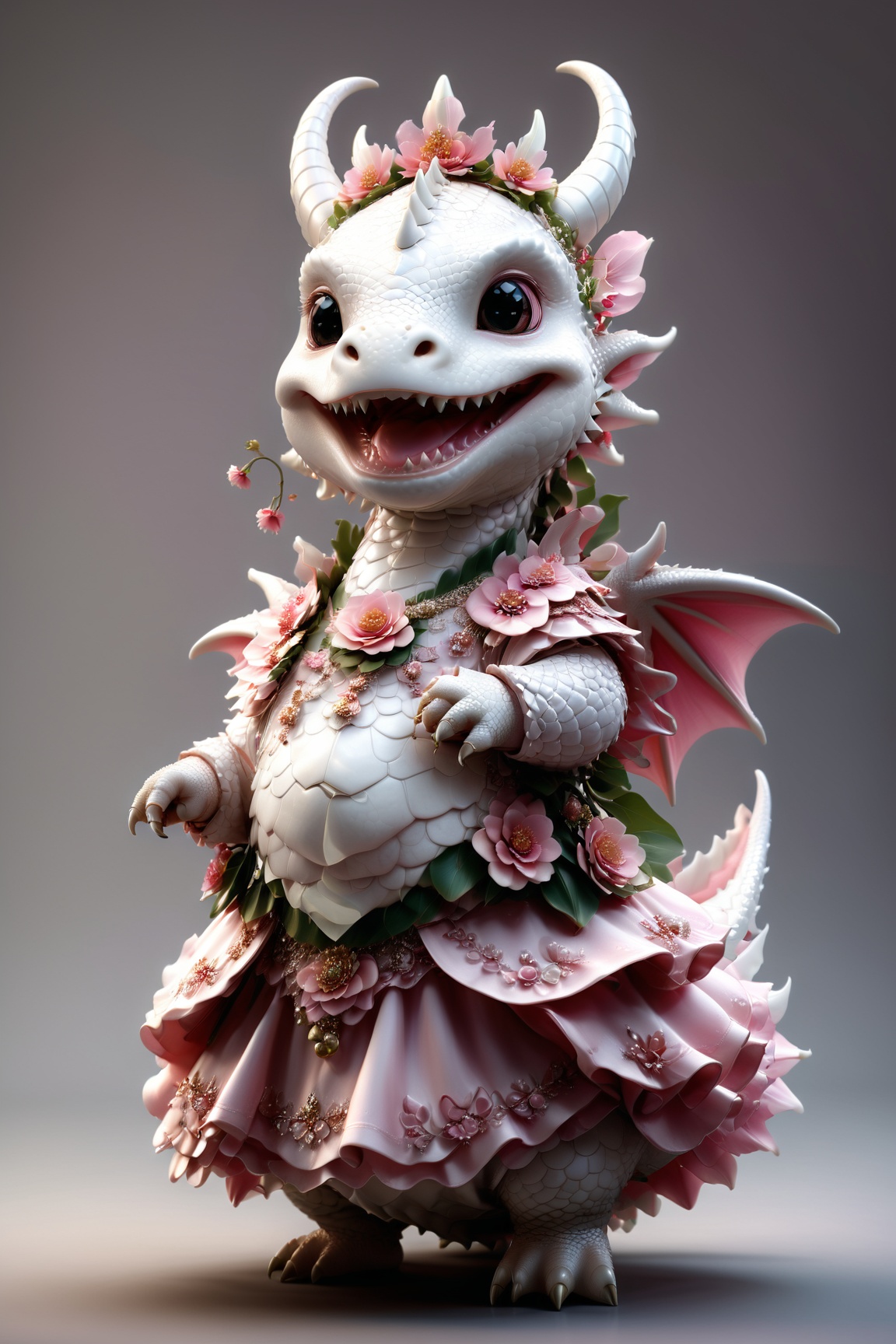 photorealistic portrait of Dressed animals - a fat baby white dragon maid,  (dancing pose),  high quality on Tensor.Art