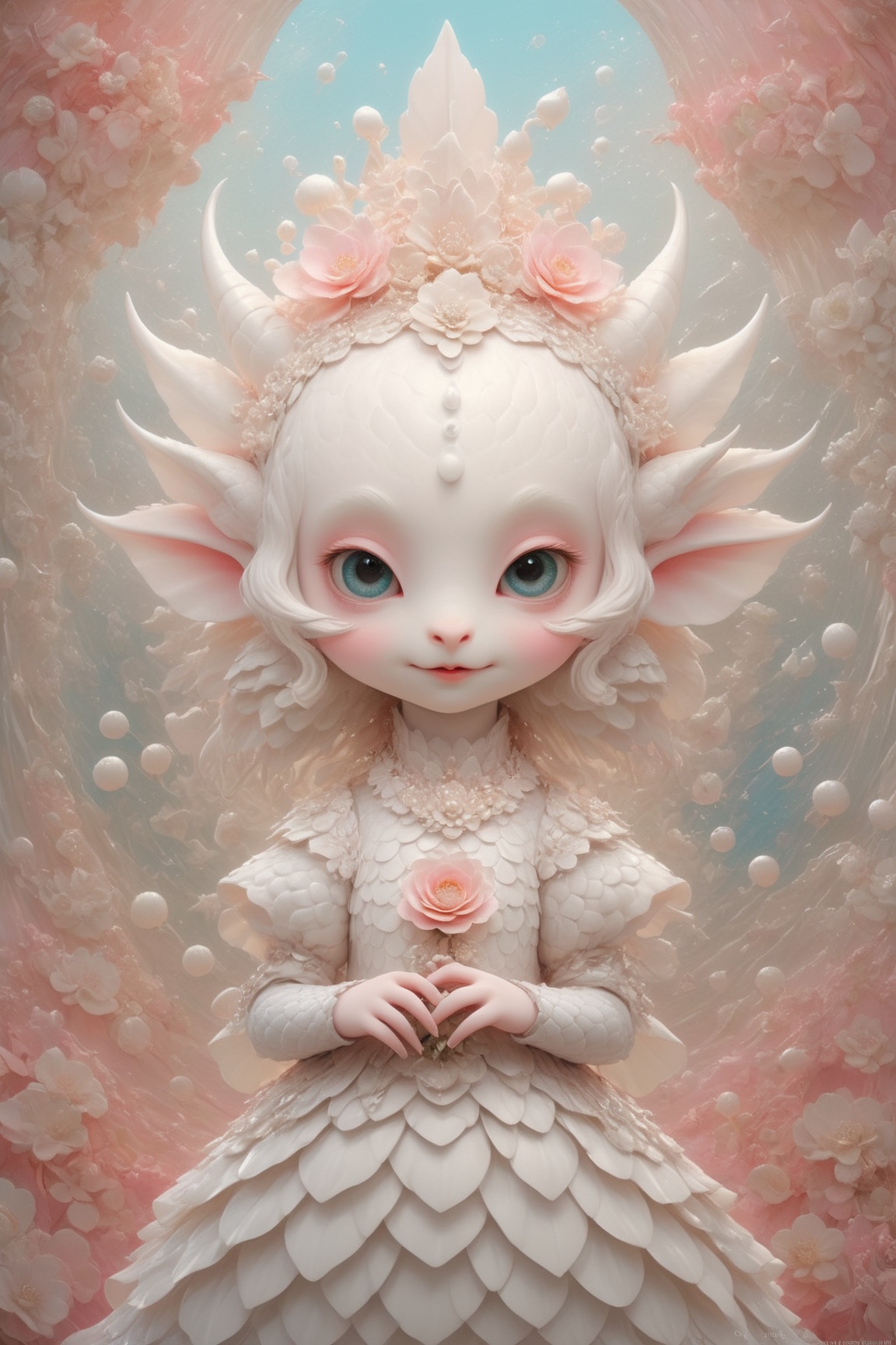 A beautiful and whimsical elusive pop noir surrealism,  art of cute dragon bride,  holding a bouquet on Tensor.Art