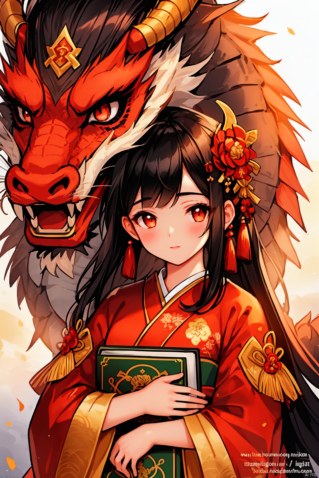 1girl, black hair, hair ornament, long sleeves, closed mouth, closed eyes, upper body, lips, book, hug, watermark, sleeping, web address, realistic, nose, dragon, red kimono, eastern dragon