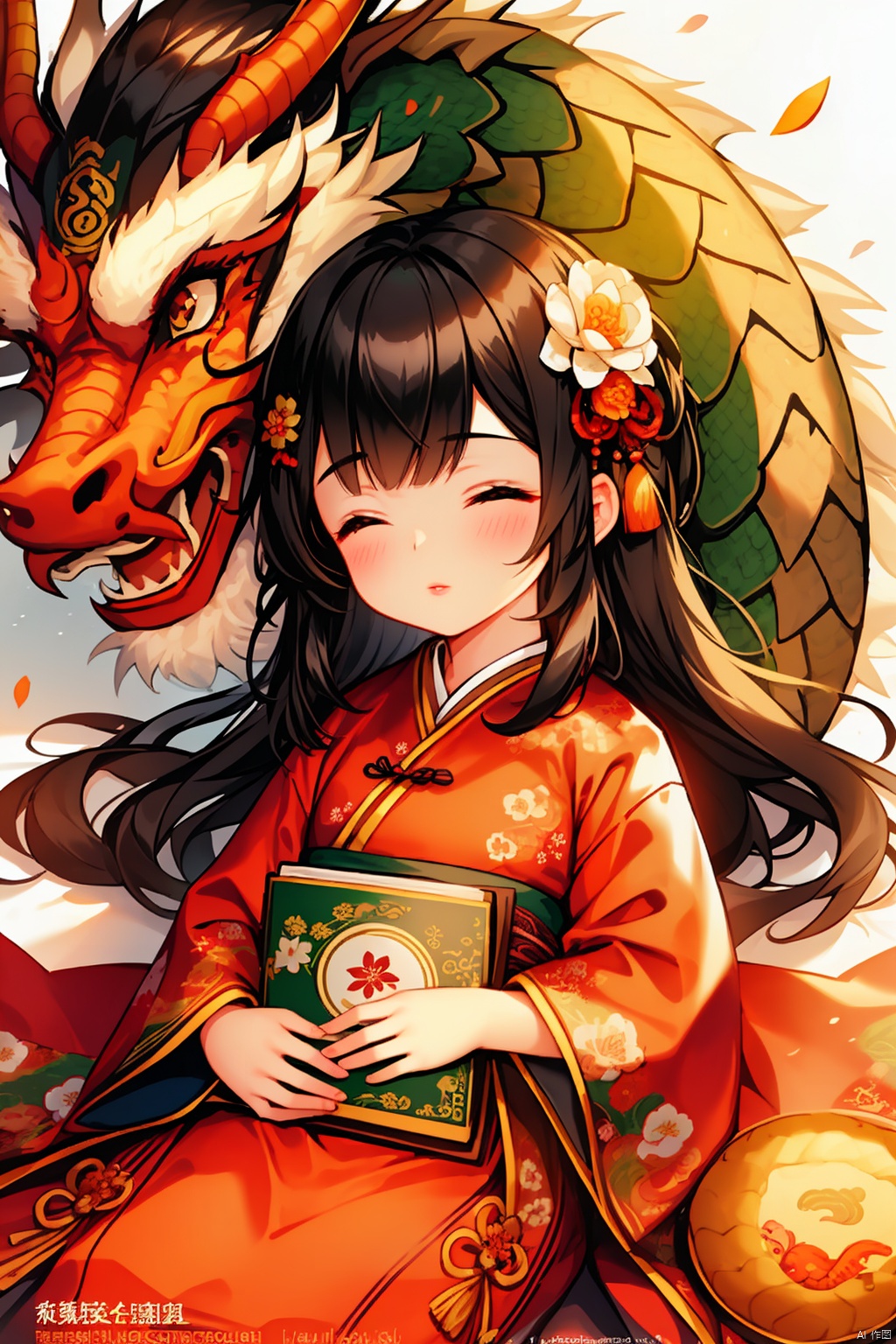 1girl, solo, black hair, hair ornament, long sleeves, closed eyes, lying, blurry, lips, book, depth of field, animal, watermark, chinese clothes, floral print, sleeping, child, web address, nose, dragon, hair stick, eastern dragon